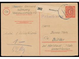 Ganzsache 45 Pf.  Ziffer mit viol. Handstempel  "Paketkarte"  von  Nürnberg 3  als  Notpaketkarte  mit Aufgabestempel  Nürnbe