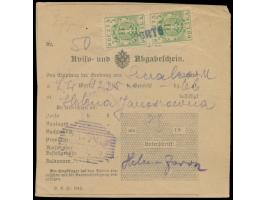 Aviso- und Aufgabeschein (österreichisches Formular) mit senkrechtem Paar  Aushilfsportomarke  5 H. mit Handstempelaufdruck  