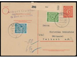 Ganzsache 45 Pf. &nbsp;Ziffer als &nbsp;Notpaketkarte, &nbsp;15 Pf. und 20 Pf. Ziffer als Portoergänzung, Stempel &nbsp;Zeil 