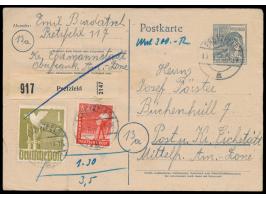 Ganzsache 12 Pf.  Arbeiter   mit Zusatzfrankatur 10 Pf. Ziffer (rückseitig), 8 Pf. Arbeiter und 1 M. Taube als  Notpaketkarte