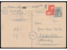 Ganzsache 12 Pf.  Arbeiter   mit Zusatzfrankatur 2 x 20 Pf. Ziffer und 8 Pf. und 20 Pf. Arbeiter als  Notpaketkarte  mit Stem