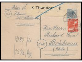 Ganzsache 12 Pf.  Arbeiter   mit Zusatzfrankatur 8 Pf., 40 Pf., 60 Pf. und 1 M. Taube als  Notpaketkarte  mit Stempel  Thundo