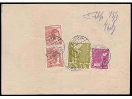 Ganzsache 12 Pf.  Arbeiter   mit Zusatzfrankatur 8 Pf., 40 Pf., 60 Pf. und 1 M. Taube als  Notpaketkarte  mit Stempel  Thundo