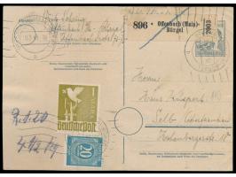 Ganzsache 12 Pf.  Arbeiter   (als 10 Pf.) mit Zusatzfrankatur 20 Pf. Ziffer und 1 M. Taube als  Notpaketkarte  mit Handrollst