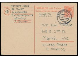 Ganzsachen-Doppelkarte 30 Pf.  mit Stempel Wiesbaden 1 29.5.48 nach USA, Antwortteil hängt ungebraucht an, Bedarf
Postleitzah