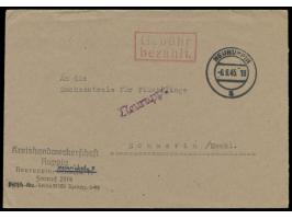 Brief mit Stempel &nbsp;Neuruppin &nbsp;6.8.45 und rotem R2 Gebühr bezahlt nach Schwerin, vorderseitig viol. Z1 &nbsp;Neurupp