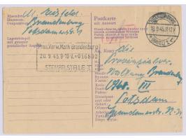 Ostarbeiter-Ganzsache (Frageteil) mit überklebtem Hitlerkopf-Wertstempel, Stempel  Brandenburg (Havel) 1  18.9.45 und roter R