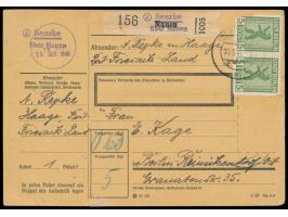 Paar (vorderseitig, kleine Eckfehler) und Achterblock 5 Pf. Bär beidseitig auf Paketkarte, sehr seltener violetter Not-L2 (2)