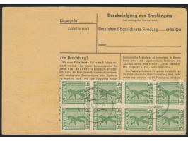 Paar (vorderseitig, kleine Eckfehler) und Achterblock 5 Pf. Bär beidseitig auf Paketkarte, sehr seltener violetter Not-L2 (2)