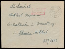 Brief mit Stempel  Herrnburg (Bz Hamburg)  24.8.45 und rotem R2 Gebühr bezahlt nach Schwerin. Das in Mecklenburg gelegene Her