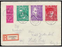 Satz  "Opfer des Faschismus"  und 2 x 8 Pf. als portorichtiger Einschreibbrief mit Stempel Ludwigslust 24.10.45 nach Halle, A