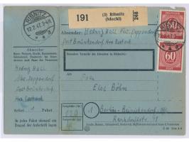 2 x 60 Pf. Ziffer auf blauer Paketkarte für ein Paket nach Berlin-Reinickendorf, Gewicht 4 Kg., Gitterstempel  Ribnitz  12.2.