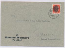 OPD Dresden,  8 Pf. Hitler mit Schwärzung auf Ortsbrief, Stempel  Freital 1  30.5.45, Bedarf
Postleitzahl: 017
