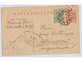 Ganzsache 15 F. mit Zusatzfrankatur 5 F. nach München, aptierter deutscher Stempel Lodz 23.2.20, Ovalstempel der  Zensurstell