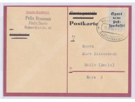 Fremdarbeiter-Ganzsache mit Hindenburg-Wertstempel (P 244), überklebt mit Werbefeld aus Zusammendruck, Stempel  Halle (Saale)