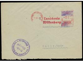 Absenderfreistempel  Wittenberg Lutherstadt 1  17.8.45, Landkreis, Reichsadler und Inschrift "Deutsche Reichspost" im Wertrah