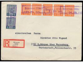 senkrechtes Paar 1 Pf. ungezähnt und waagerechter Fünferstreifen 8 Pf. ungezähnt auf Einschreibbrief, violetter Not-R2  Bruna