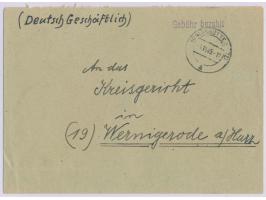 Brief mit Stempel  Königshütte (Harz)  1.11.45 und violettem L1 "Gebühr bezahlt" nach Wernigerode. Durch einen Gebietswechsel