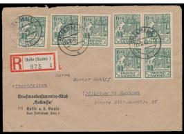7 x 6 + 4 Pf.  Wiederaufbau  auf Einschreibbrief mit Stempel Halle (Saale) 1 15.2.46 nach Löbau, linke Marke mit seltenem  Pl