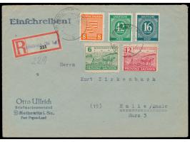 8 Pf. Wappen, 6 Pf. und 12 Pf. Bodenreform mit  Privatdurchstich  und 16 Pf. und 42 Pf. Ziffer auf Einschreibbrief, Stempel  