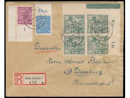 6 + 4 Pf.  Wiederaufbau ungezähnt  im Eckrandviererblock links oben mit Rand-Bordüre und 20 Pf. und 40 Pf. Wappen (beide mit 