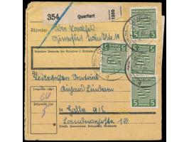 12 x 5 Pf. als seltene Mehrfachfrankatur beidseitig auf  Paketkarte  mit Stempel  Querfurt  21.3.46 nach Halle, Gewicht 5 Kg.