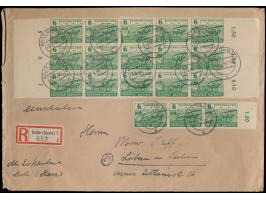 18 x 6 Pf. Bodenreform (15er-Bogenteil und Dreierstreifen) auf Einschreibbrief 2. Gewicht, Stempel  Halle (Saale) 1  3.6.46, 