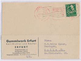 roter  Postfreistempel Erfurt 1  6.10.45 mit aptiertem Adlerkopf-Wertrahmen und Maschinenstempel Erfurt 1 6.10.45 auf Firmenk