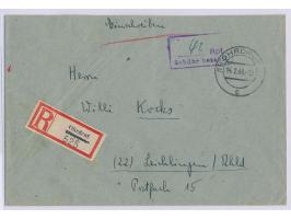 Stempel  Ohrdruf  14.2.46 und violetter R2 "... Rpf. / Gebühr bezahlt" auf Einschreibbrief nach Leichlingen, R-Zettel  Ohrdru
