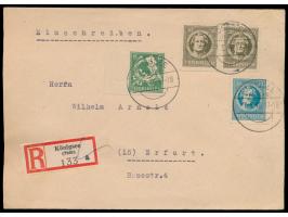 6 Pf. Posthorn ungezähnt  (Zähnungsabart) mit Seitenrand links und 20 Pf. ungezähnt und 2 x 30 Pf. ungezähnt auf Einschreibbr