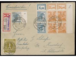 Bezirkshandstempel  20 Schkeuditz  auf 12 Pf. als  Zehnfach-Mischfrankatur  mit 10 x 50 Pf. und 1 RM Ziffer, 2 x 12 Pf. und 2