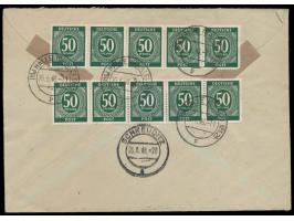 Bezirkshandstempel  20 Schkeuditz  auf 12 Pf. als  Zehnfach-Mischfrankatur  mit 10 x 50 Pf. und 1 RM Ziffer, 2 x 12 Pf. und 2