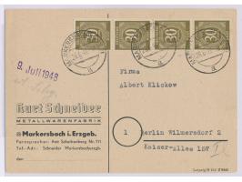 4 x 30 Pf. Ziffer als  Zehnfachfrankatur  auf Firmenkarte mit Stempel  Markersbach (Erzgeb)  26.6.48 nach Berlin-Wilmersdorf,