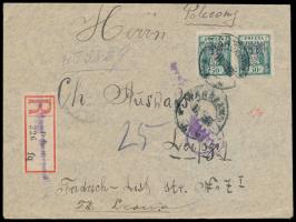 2 x 50 f. "Polnisches Weisses Kreuz" auf Einschreibbrief mit Stempel Warszawa 14.4.20  (Porto-Letzttag)  und handschriftliche