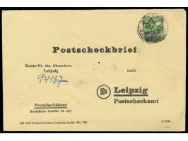 Bezirkshandstempel  27 Leipzig ...  auf 10 Pf. als Einzelfrankatur auf  Postscheckbrief  an PSchA Leipzig, Stempel Leipzig W 