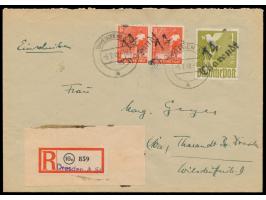 2 x 8 Pf. und  1 Mark Taube  mit Bezirkshandstempel  14 Tharandt  auf Einschreibbrief mit Stempel  Dresden A 50  5.7.48 nach 