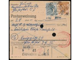 Bezirkshandstempel  b 41 Lichtenstein (Sachs)  auf 12 Pf. und 24 Pf. auf  Postanweisung  auf 28 Mark nach Leipzig, Stempel Li