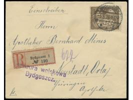 Einzelfrankatur 2 M. auf Einschreibbrief mit aptiertem deutschen Stempel  Bydgoszcz 1  5.5.20 und R-Zettel in deutscher Type 