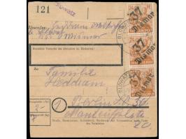 8 x 24 Pf. mit Bezirkshandstempel  37 Wismar  und 4 x 2 Pf. SBZ-Maschinenaufdruck beidseitig auf  Paketkarte  für ein Paket v