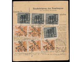 8 x 24 Pf. mit Bezirkshandstempel  37 Wismar  und 4 x 2 Pf. SBZ-Maschinenaufdruck beidseitig auf  Paketkarte  für ein Paket v