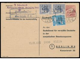 Suchdienstganzsache 2 RM &nbsp;(oben gezähnt) mit SBZ-Maschinenaufdruck 20 Pf. und 2 x 80 Pf. als &nbsp;Zehnfach-Mischfrankat