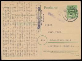 SBZ-Maschinenaufdruck 10 Pf. und violetter L1 Gebühr bezahlt als  Teilbarfrankatur  auf Postkarte mit Stempel  Halberstadt 1 