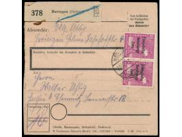 12 x 40 Pf. Maschinenaufdruck als seltene Massenfrankatur auf  Paketkarte  von 14 Kg Gewicht von  Heringen (Helme)  26.10.48 