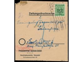 Einzelfrankatur 5 Pf. Ziffer mit Maschinenaufdruck auf unterfrankiertem Zeitungsstreifband, Handrollstempel  Stendal  4.12.48