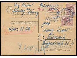 Maschinenaufdruck 2 x 60 Pf. vorderseitig und 20er-Block 5 Pf. Bär (eine Marke beschädigt) rückseitig auf C 154-Postkartenfor