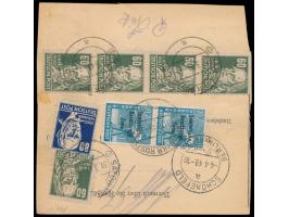 SBZ-Maschinenaufdruck 2 x 20 Pf. mit Köpfe 6 x 60 Pf. (eine Marke beschädigt) und 80 Pf. auf altem Formular  "Ersatzpaketkart