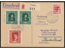 vorausfrankierte  Rückantwortkarte  mit 30 Pf. Maschinenaufdruck und  Liechtenstein  2 x 10 Rp. und 20 Rp. als Einschreibgebü