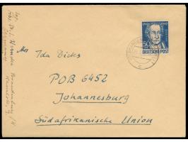 Einzelfrankatur  50 Pf. Goethe  auf Auslandsbrief nach Johannesburg / Südafrika, Stempel Brandenburg (Havel) 1 28.8.49, porto