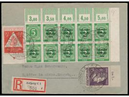 Eckrandzehnerblock &nbsp;5 Pf. Ziffer mit Maschinenaufdruck, dabei &nbsp;Paar mit und ohne Aufdruck, &nbsp;zusammen mit 2 x 2