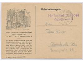 Heimkehrer-Postkarte &nbsp;des FDGB, violetter L2 &nbsp;Heimkehrerpost / Gebührenfrei &nbsp;und Stempel &nbsp;Frankfurt (Oder